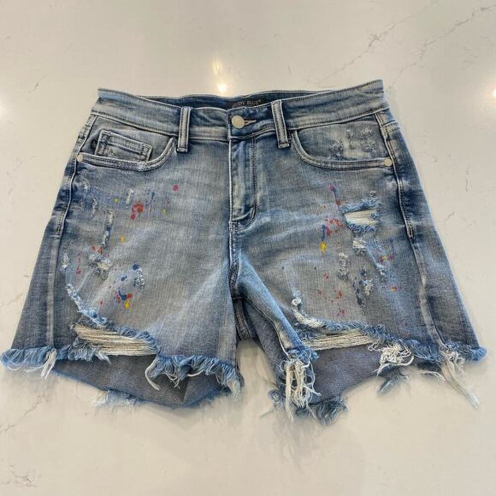 Judy Blue Mid-Rise Rainbow Paint Splash Jean Shorts Size Small‎